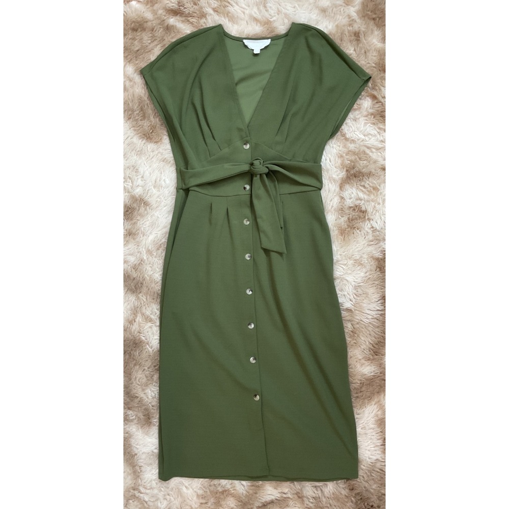 Superfoxx Olive Green Button Front V-Neck Midi Dress with Tie Waist Size M